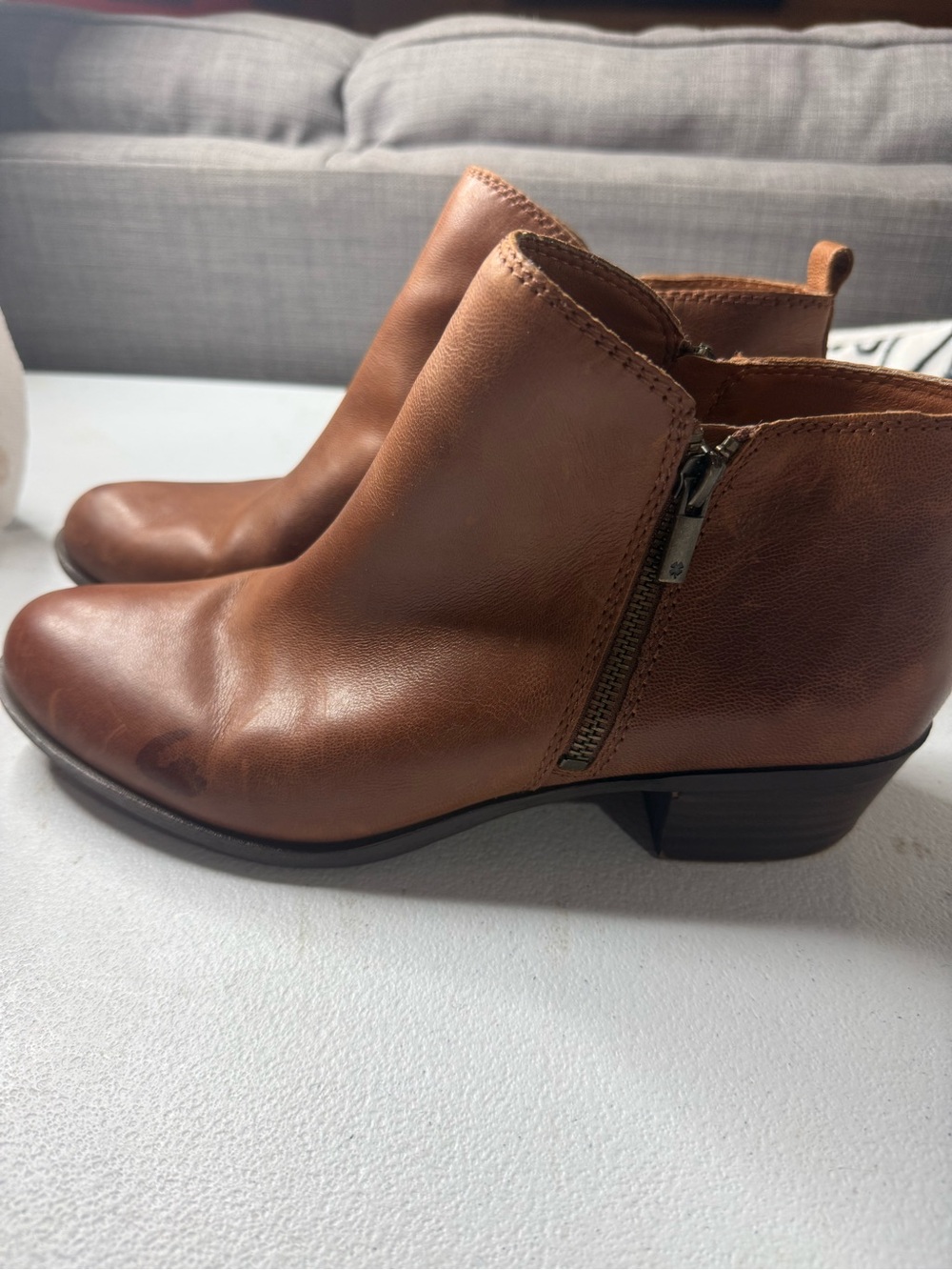 Lucky Brand Brown Leather Ankle Boots Booties Size 11M 43 Double Zip Low Heel